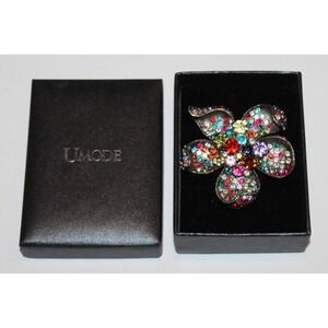 colorful UMODE rhinestone flower brooch pin (no fasterner) silver tone with box